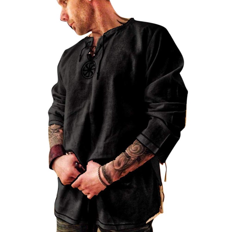 Rela Bota Men's Fashion Cotton Linen Shirt Long Sleeve Solid Color Ethnic Beach Yoga Top Black XXXL - Image 1